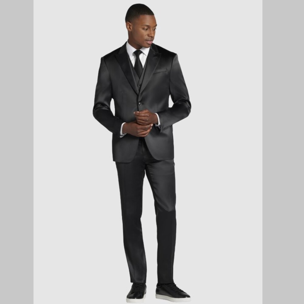 NEW - FULL SUIT - 42R Jacket 34 x 32 Pants Egara BLACK Shiny Suit Skinny Fit - Picture 2 of 7